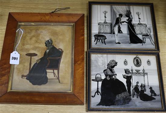 19th century English School, gouache on paper, silhouette of a lady seated with a book, 25 x 20cm and a